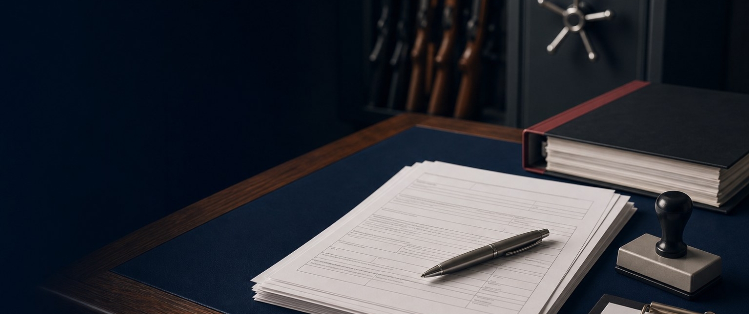 FFL compliance desk with paperwork and locked safe — Franktown Firearms blog hero
